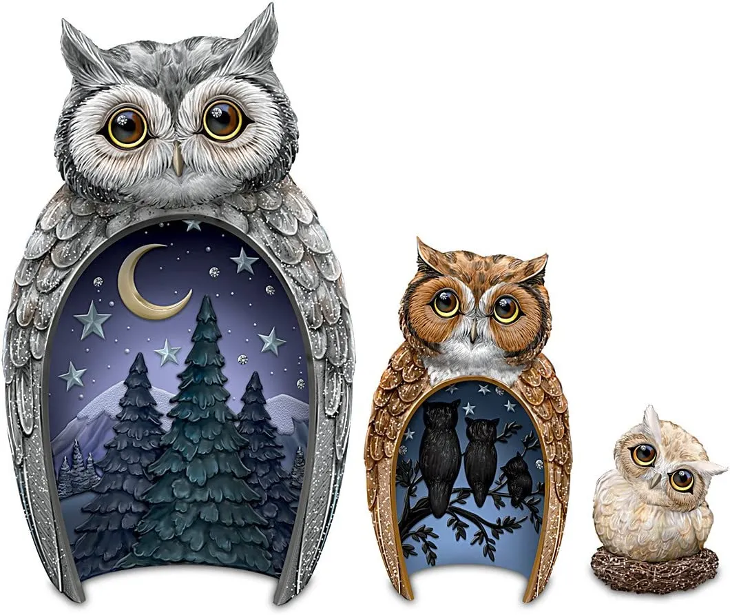 Blake Jensen Owl Family Nesting Trio Figurine Set with Swarovski Crystals by The Hamilton Collection