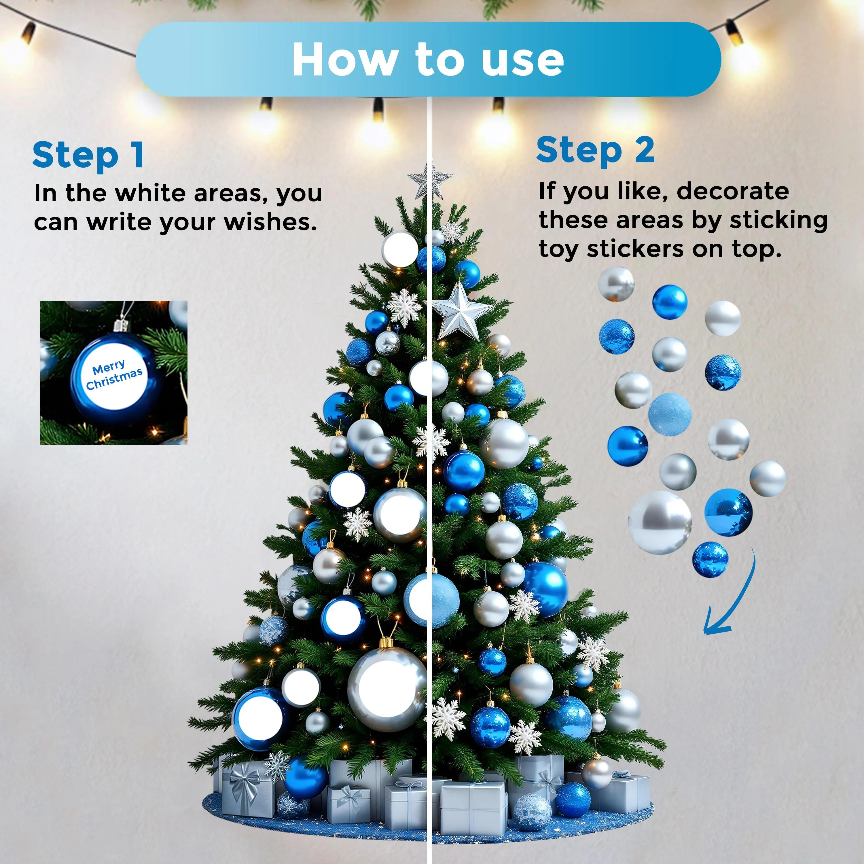 Blue and Silver Christmas Tree Wall Decal | Interactive Holiday Wall Sticker | Write Your Wishes | Festive Vinyl Decor Kids Room Wall Art *!