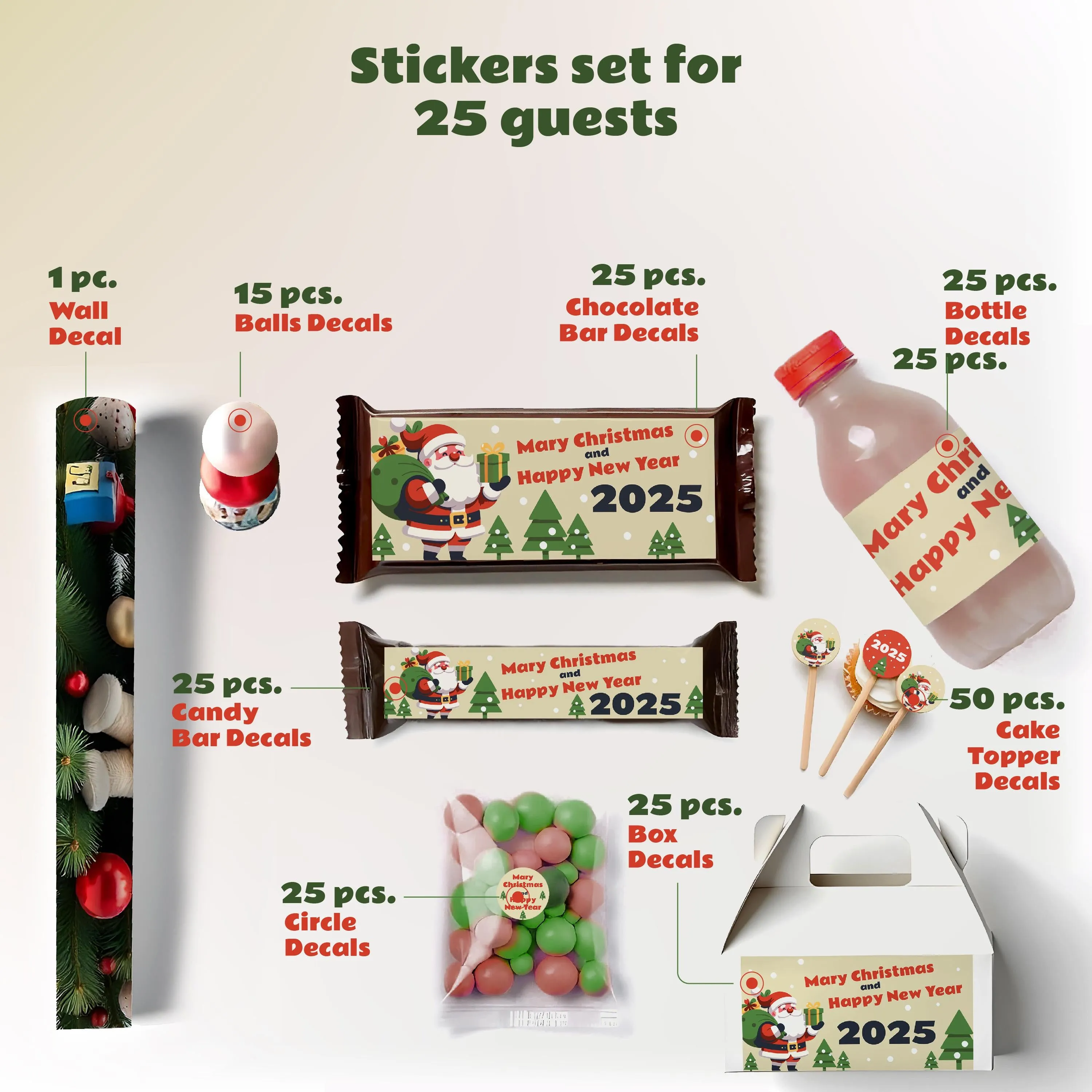 Christmas Sticker Set | Personalized Holiday Bottle, Chocolate & Gift Box Labels | Christmas Tree Wall Decal | Festive Family Party Decor *!