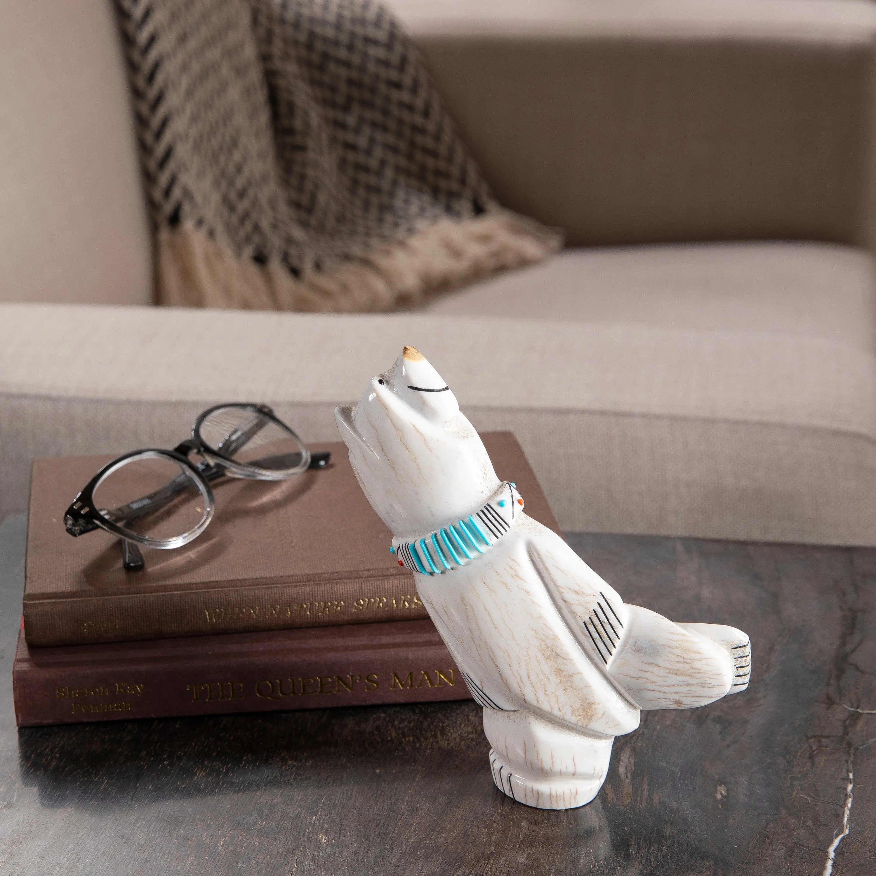 Claudia Peina Serpentine with Turquoise & Coral Handmade Zuni Fetish Polar Bear Carving