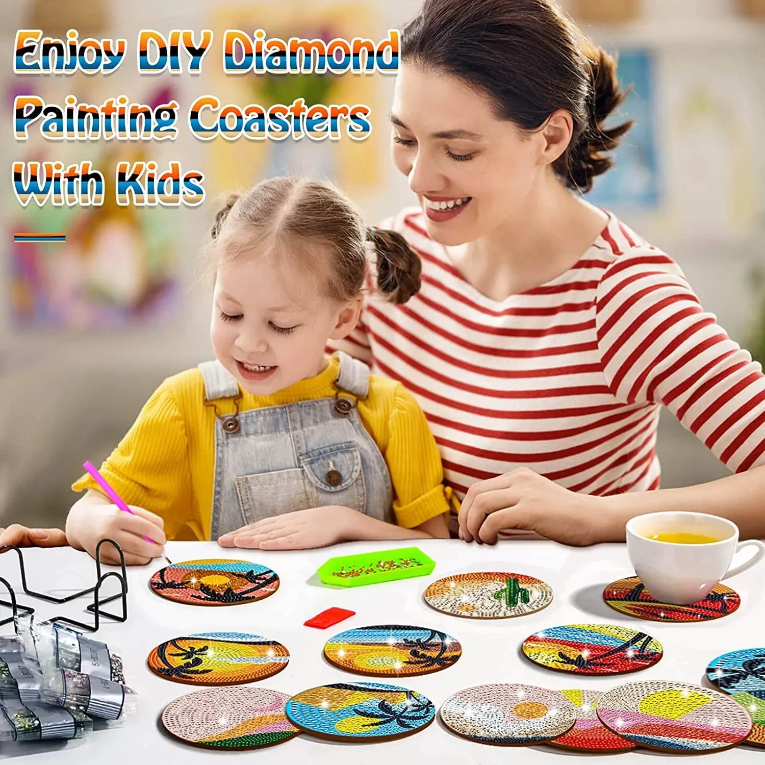 DIY Christmas Diamond Art Coasters, 6 Piece Set With Holder, Snowflake Designs