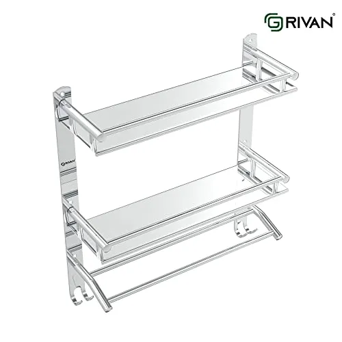 GRIVAN Multipurpose Stainless Steel Double Layer Shelf with Towel Rod I Multipurpose Wall Mount Bath Shelf Organizer l Bathroom Shelf and Rack I Bathroom Accessories - Chrome Finish, Silver