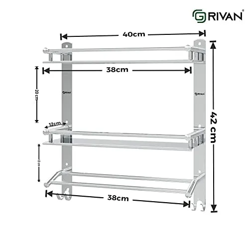 GRIVAN Multipurpose Stainless Steel Double Layer Shelf with Towel Rod I Multipurpose Wall Mount Bath Shelf Organizer l Bathroom Shelf and Rack I Bathroom Accessories - Chrome Finish, Silver