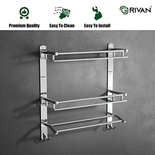 GRIVAN Multipurpose Stainless Steel Double Layer Shelf with Towel Rod I Multipurpose Wall Mount Bath Shelf Organizer l Bathroom Shelf and Rack I Bathroom Accessories - Chrome Finish, Silver