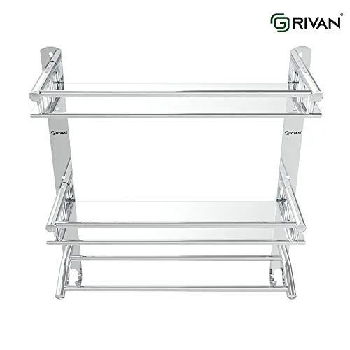 GRIVAN Multipurpose Stainless Steel Double Layer Shelf with Towel Rod I Multipurpose Wall Mount Bath Shelf Organizer l Bathroom Shelf and Rack I Bathroom Accessories - Chrome Finish, Silver