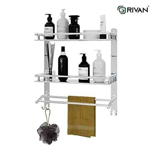 GRIVAN Multipurpose Stainless Steel Double Layer Shelf with Towel Rod I Multipurpose Wall Mount Bath Shelf Organizer l Bathroom Shelf and Rack I Bathroom Accessories - Chrome Finish, Silver