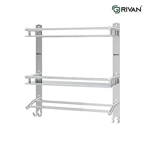 GRIVAN Multipurpose Stainless Steel Double Layer Shelf with Towel Rod I Multipurpose Wall Mount Bath Shelf Organizer l Bathroom Shelf and Rack I Bathroom Accessories - Chrome Finish, Silver