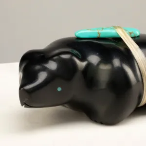 Herbert Halate Jet and Turquoise Handmade Zuni Fetish Bear Carving