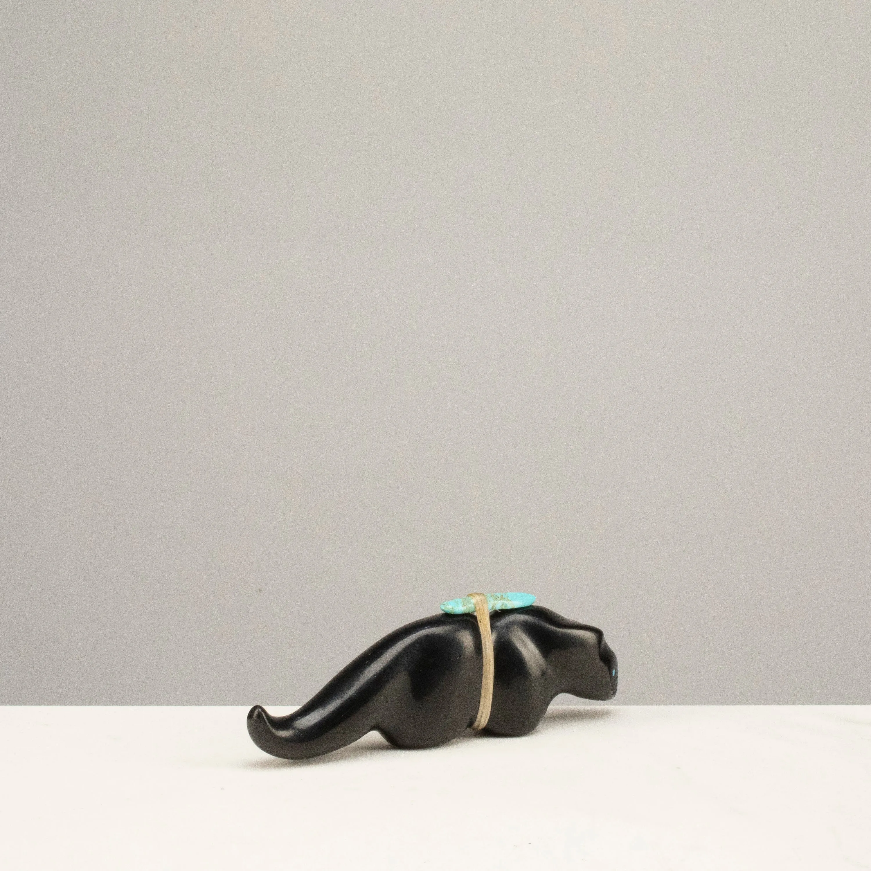 Herbert Halate Jet and Turquoise Handmade Zuni Fetish Bobcat Carving