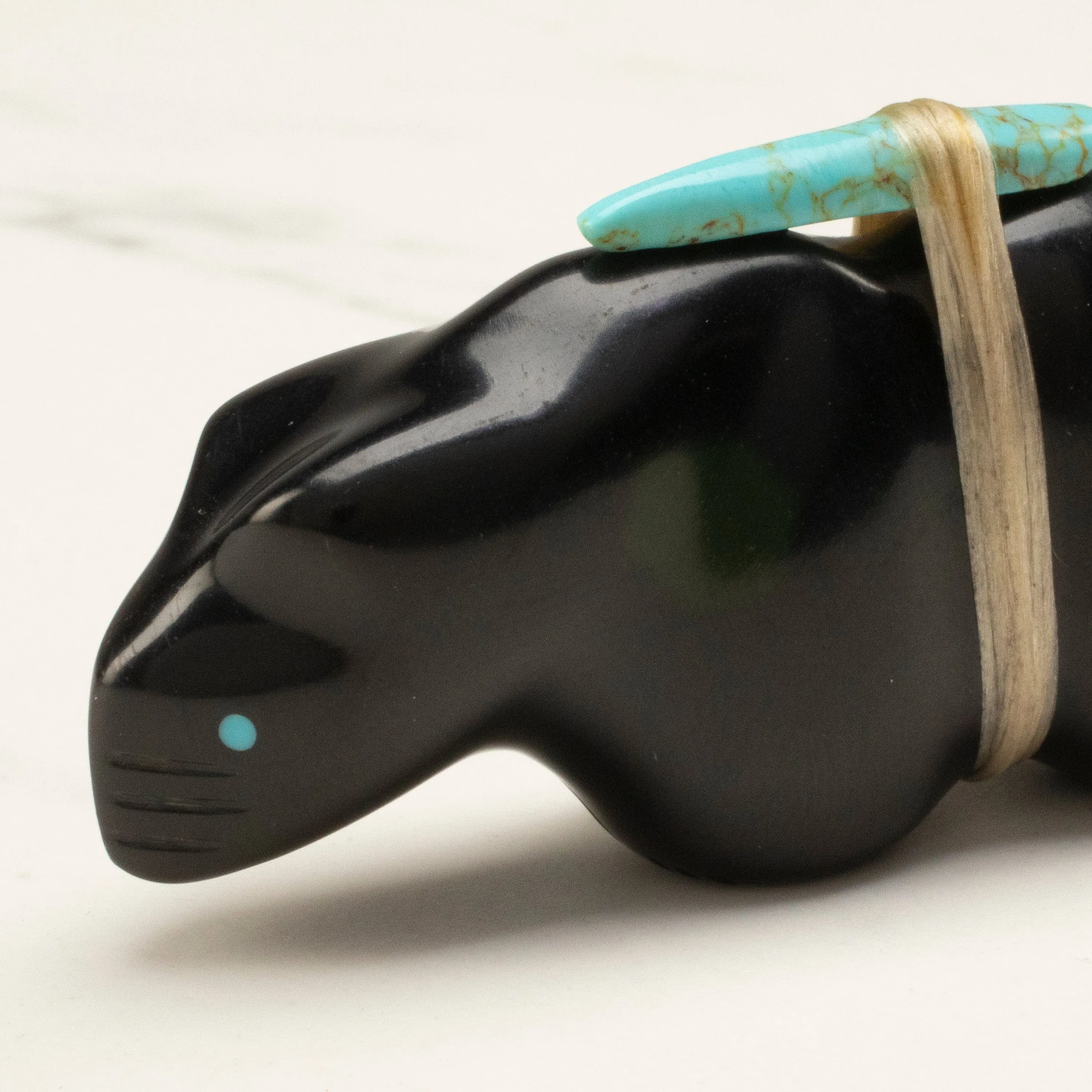 Herbert Halate Jet and Turquoise Handmade Zuni Fetish Bobcat Carving