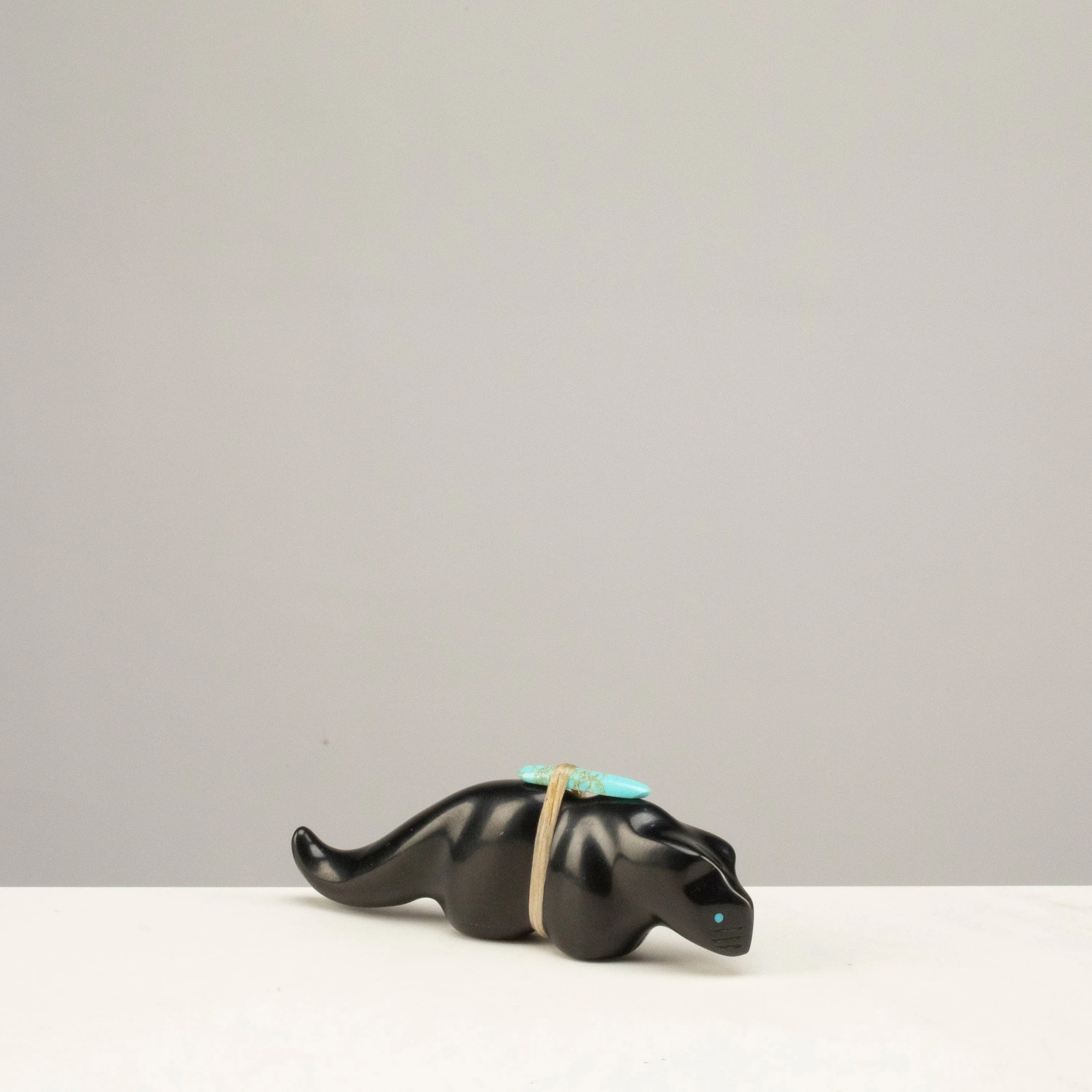Herbert Halate Jet and Turquoise Handmade Zuni Fetish Bobcat Carving