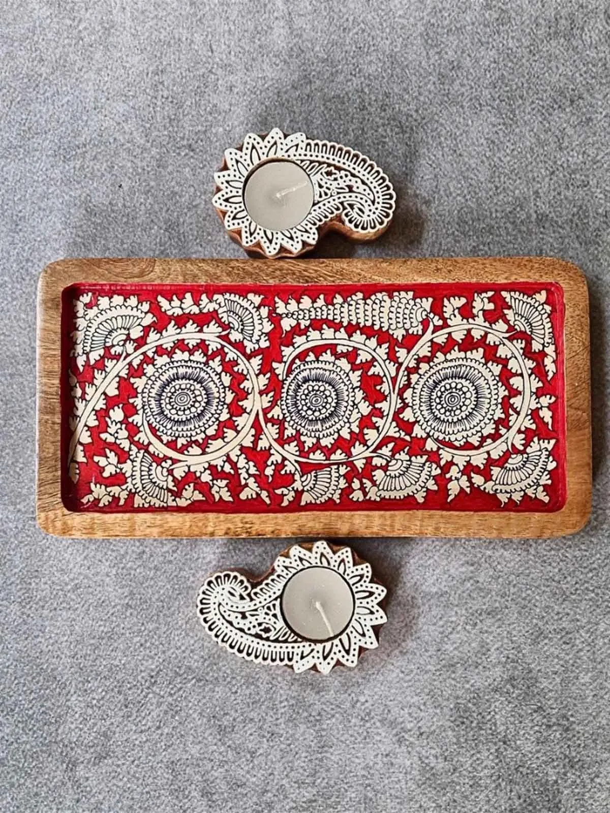 Red Hand painted wooden tray and T-Light Combo Gift Box