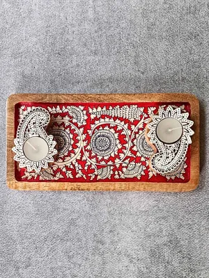 Red Hand painted wooden tray and T-Light Combo Gift Box