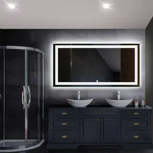 UNIQUE MIRROR Rectangular led Mirror with Three Led for Bedroom and Bathroom Three-color adjustable led mirror, light-controlled wash mirror, and anti-fog beauty mirror and size (24x30) inch W21.