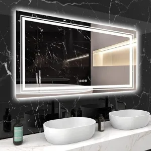 UNIQUE MIRROR Rectangular led Mirror with Three Led for Bedroom and Bathroom Three-color adjustable led mirror, light-controlled wash mirror, and anti-fog beauty mirror and size (24x30) inch W7.